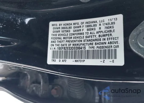 2013 Honda Civic Lx из США, поврежденный, VIN 19XFB2E53DE099415